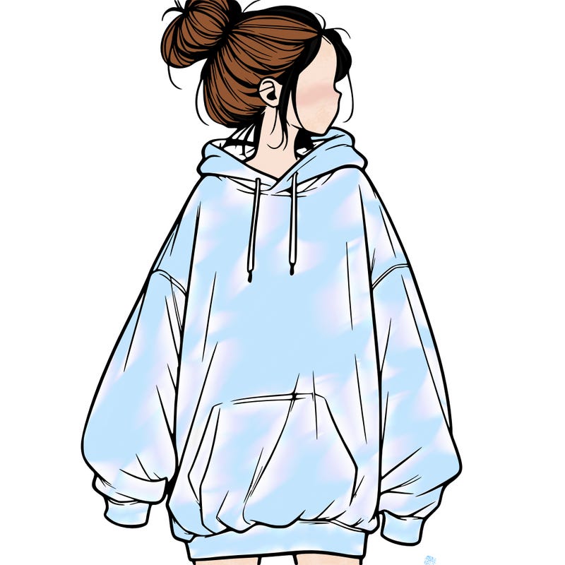 realistic girl with a oversized sweatshirt on and a bun