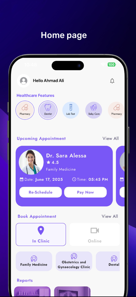 Meena Health - Meena Health mobile app home screen showing upcoming appointment details healthcare services and booking options