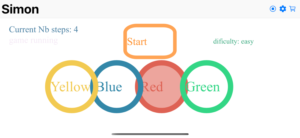 eGamer - Simon memory game interface with four colored circles and a start button