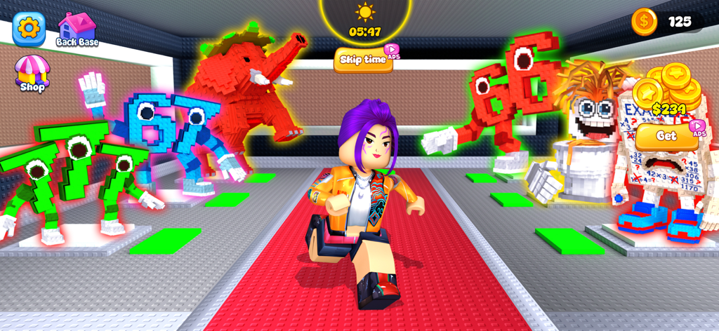 Get All Brainzot: Full Mod - Um personagem de cabelo roxo correndo por criaturas de memes blocosos em um mundo de jogo 3D