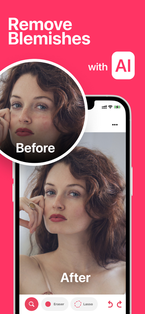 Before and after comparison of skin blemish removal on a woman face using the Blemish Remover AI app