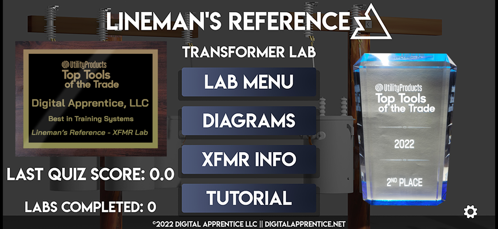 Main menu screen of the Lineman's Reference XFMR LAB app showing navigation buttons and industry awards.