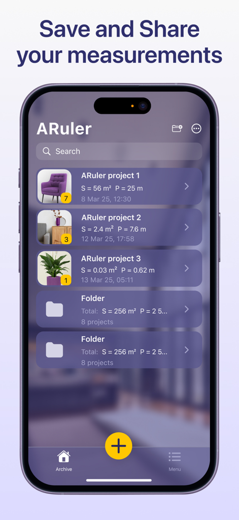 A smartphone screen showing the measurement archive of the AR Ruler app with organized folders and projects including dimensions for furniture and plants.