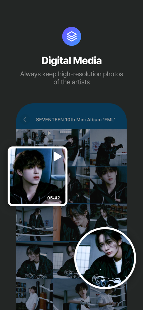 Digital media section of the Weverse Albums app featuring high resolution photos from a K-pop artist album.