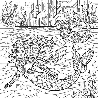 Unleash your creativity with this unique coloring page featuring two cyberpunk lake mermaids. Immerse yourself in a high-tech aquatic world with intricate details and futuristic elements.