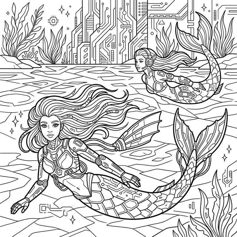 Unleash your creativity with this unique coloring page featuring two cyberpunk lake mermaids. Immerse yourself in a high-tech aquatic world with intricate details and futuristic elements.