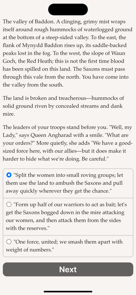 Pendragon Rising - A gameplay screenshot of the text-based interactive novel Pendragon Rising showing narrative descriptions and multiple-choice strategic options for a battle.