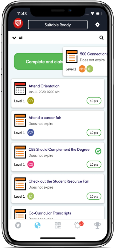 Mobile dashboard of the Suitable app displaying a list of student milestones and campus activities with point rewards