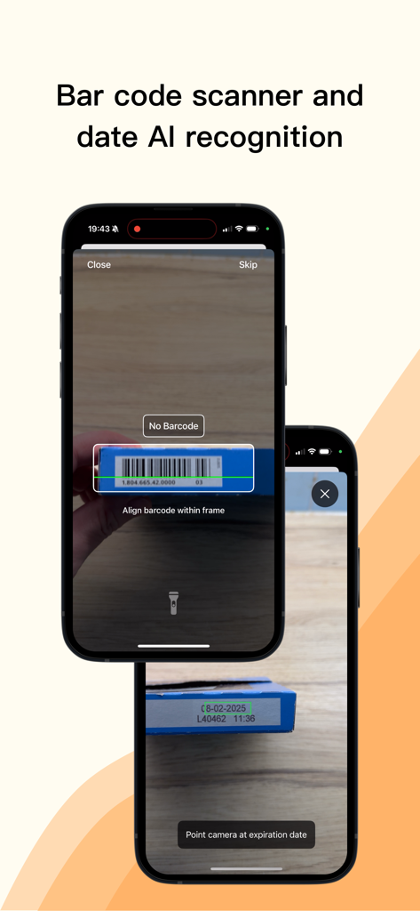 Bestfor - expiry date tracker - Bestfor app interface showing barcode scanning and AI expiry date recognition features for groceries