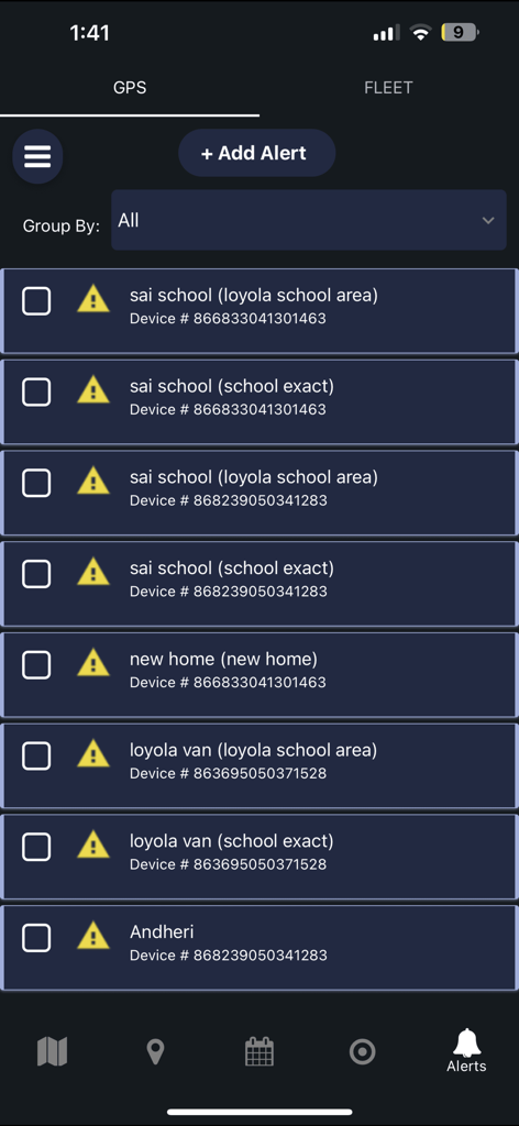 Amcrest GPS Pro app alert management screen showing a list of location and safety alerts for multiple tracking devices