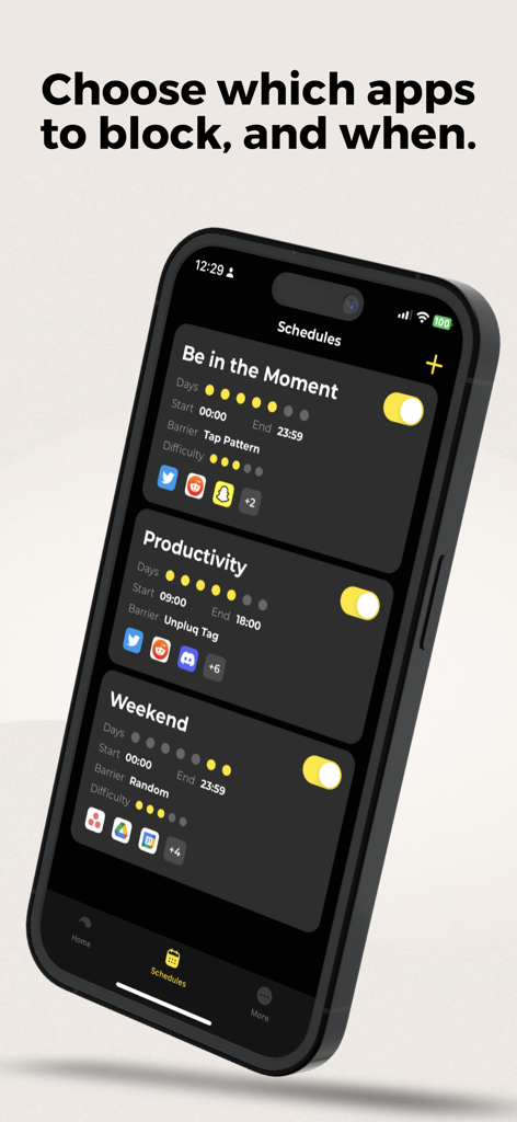 Interfaz de la aplicación Unpluq que muestra horarios personalizables para bloquear aplicaciones que distraen y gestionar el tiempo de pantalla