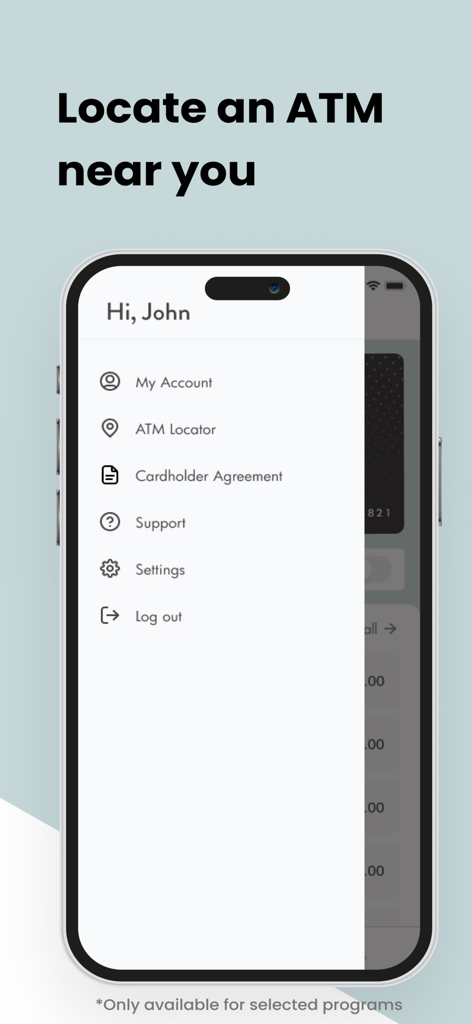 Side menu of MyPaymentVault app showing ATM Locator and account settings options.