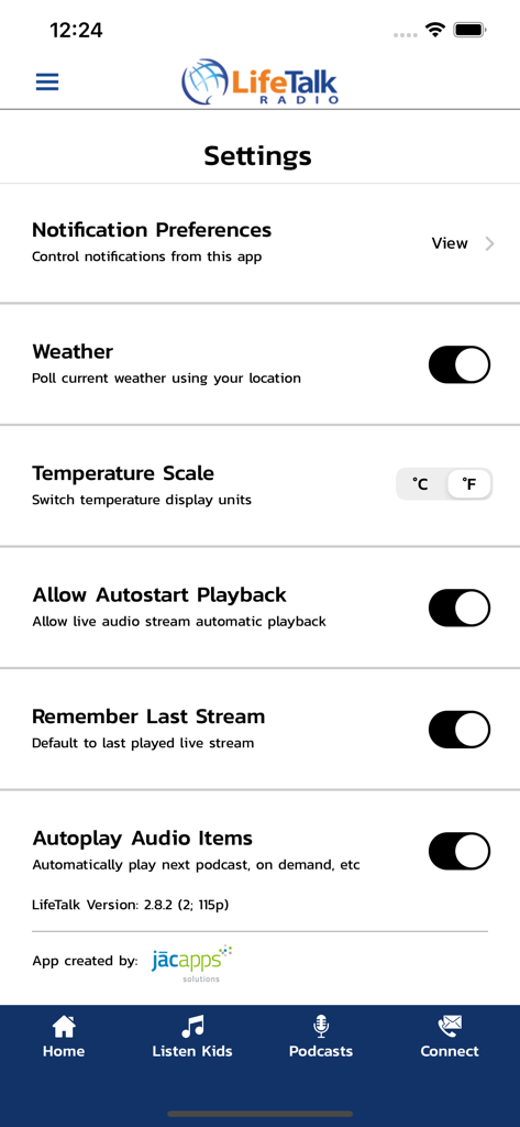Lifetalk Radio - LifeTalk Radio app settings screen with notification and audio playback preferences
