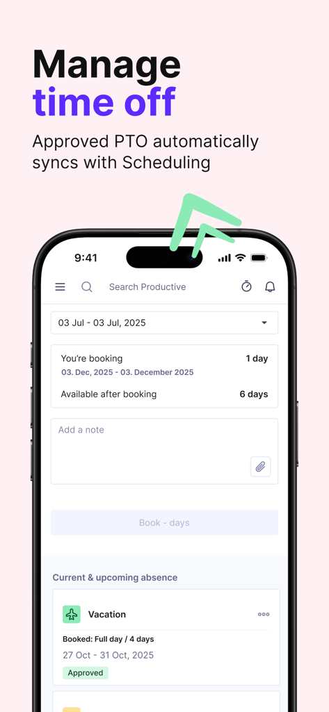 Productive.io mobile interface for booking and managing employee time off
