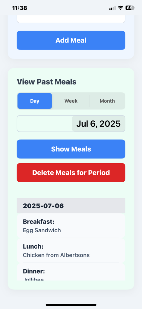 Simple Daily Meal Planner - Interface of the Simple Daily Meal Planner app showing a list of logged meals for a specific day