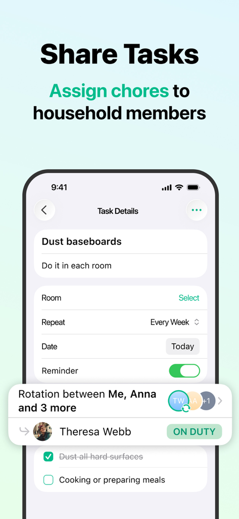 House Chores Cleaning Schedule - Smartphone screen displaying chore assignment and rotation for household members in the Home Tasker app