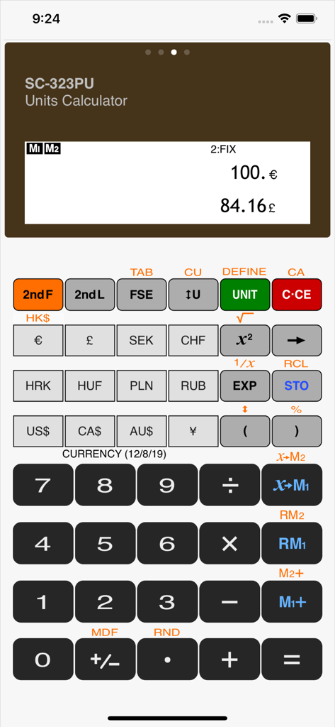 Calculator SC-323PU - Calculator SC-323PU app interface displaying currency conversion from Euros to Pounds