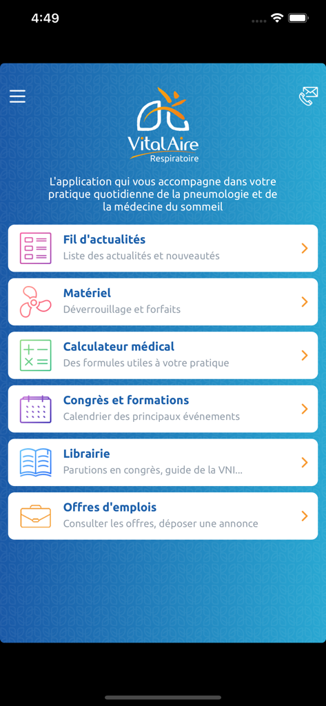 Home screen of the VitalAire Respiratoire app showing menu options for medical calculators and respiratory equipment guides.