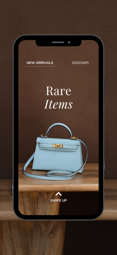 THE CLOSET - The Closet app interface showing a rare light blue designer handbag in the new arrivals section