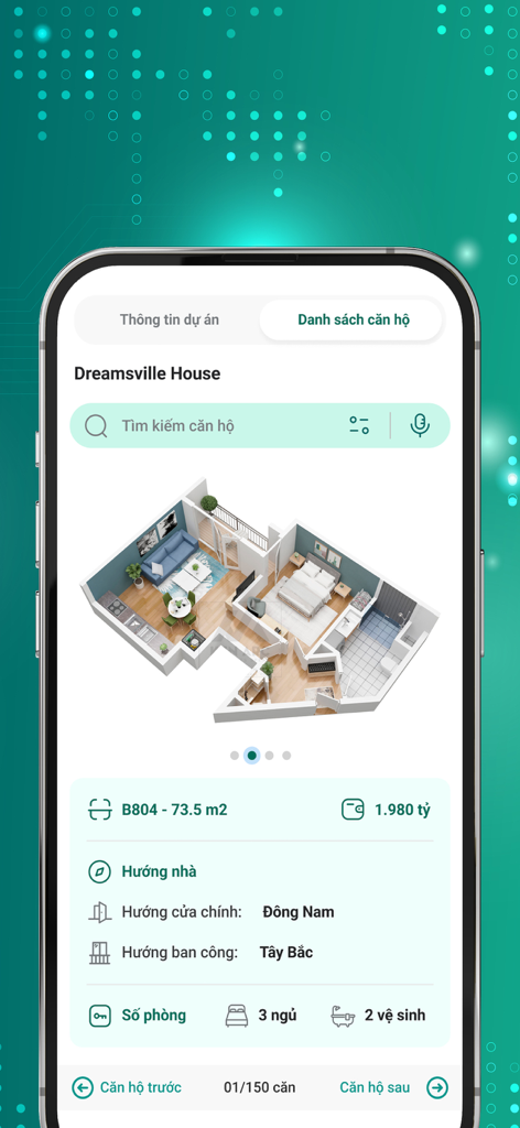 A 3D apartment floor plan and property details on the BIDV Home mobile app
