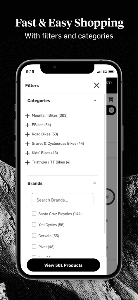 Backcountry - Outdoor Gear - Backcountry app screenshot showing category and brand filters for technical outdoor gear like mountain bikes.