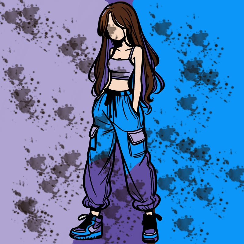 girl in baggy pants crop top and long hair