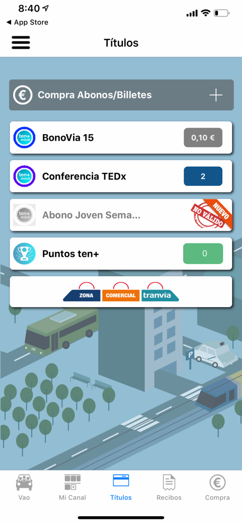 Interfaz de la aplicación móvil que muestra abonos y billetes de transporte público en Tenerife