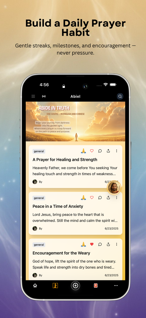 Abiel – Prayer Companion - Interfaz de la aplicación móvil Abiel que muestra un feed de oración con sugerencias para sanación, paz y aliento para construir un hábito de oración diario.