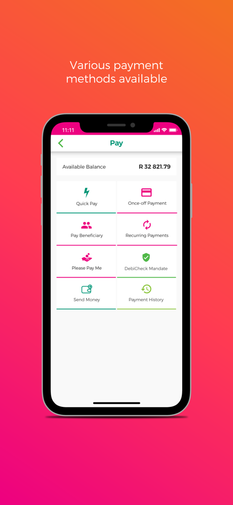 A smartphone screen displaying various payment methods in the OM Money Account app including Quick Pay and Send Money