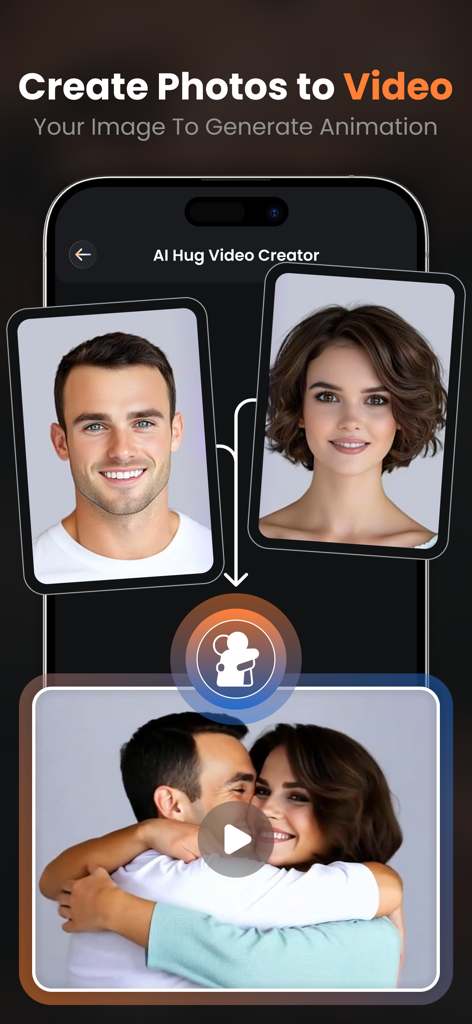 AI Kissing Video Generator - Screenshot of the AI Kissing Video Generator app showing the process of creating a hug animation from two individual photos.