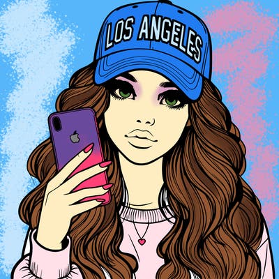 realistic beautiful girl wearing los ángeles cap holding an iphone