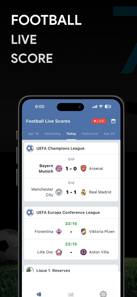 Pantalla de smartphone que muestra resultados de fútbol en vivo y resultados de partidos para la UEFA Champions League y la Europa Conference League.