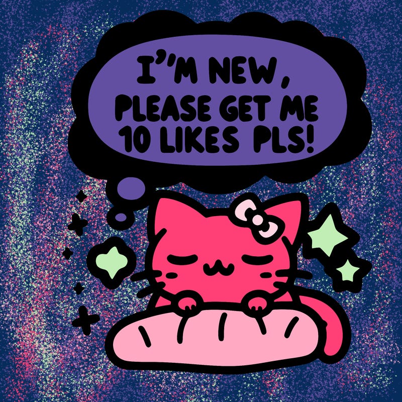 kitty taking a nap dream talking and saying "i'm new, please get me at least 10 likes pls!!"