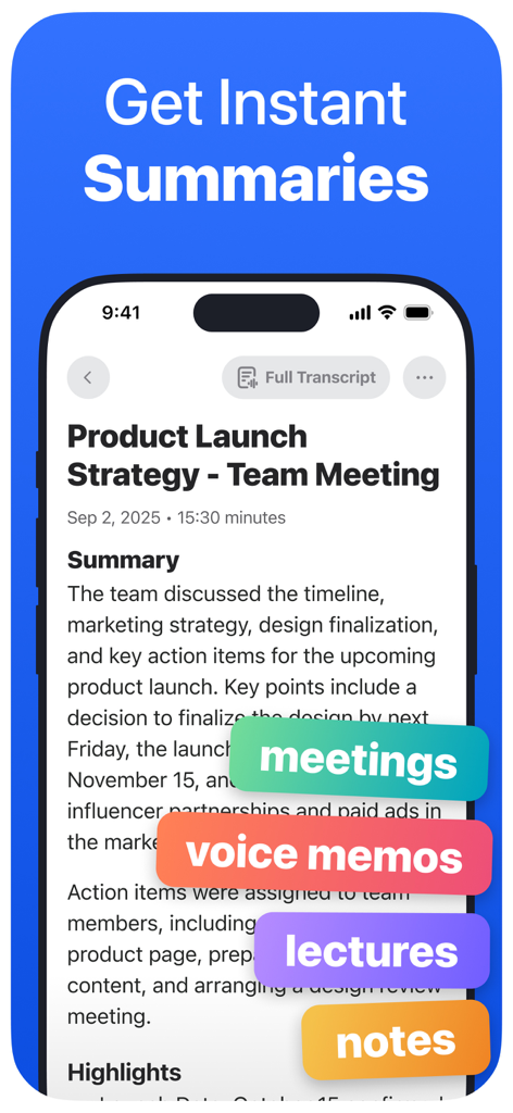 Echo – AI Meeting Note Taker - A mobile app screen displaying an AI generated meeting summary with action items and highlights