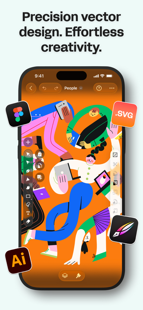 Linearity Curve mobile app interface showing vector illustration and design tool icons