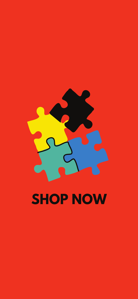 Cheap Toys Store Online - Pantalla 'Comprar ahora' de la aplicación Cheap Toys Store Online con un colorido logo de pieza de rompecabezas sobre un fondo rojo.