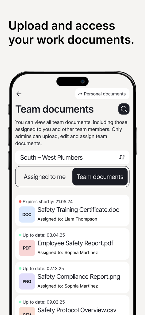 Interfaccia dell'app Twiceme per la gestione dei documenti e dei rapporti di sicurezza del team.