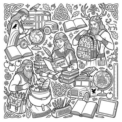 Dive into a truly unique coloring adventure where powerful Celtic gods and goddesses trade their ancient roles for backpacks and books. This intricate page perfectly blends mythical figures with the lively spirit of the back-to-school season.