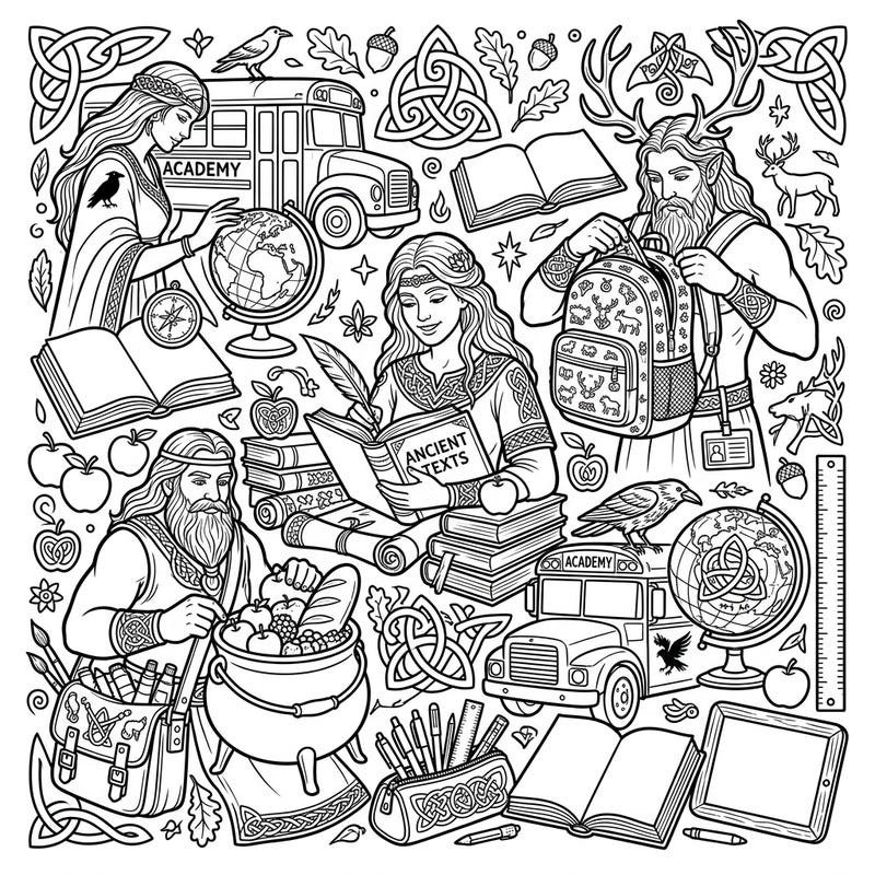 Dive into a truly unique coloring adventure where powerful Celtic gods and goddesses trade their ancient roles for backpacks and books. This intricate page perfectly blends mythical figures with the lively spirit of the back-to-school season.