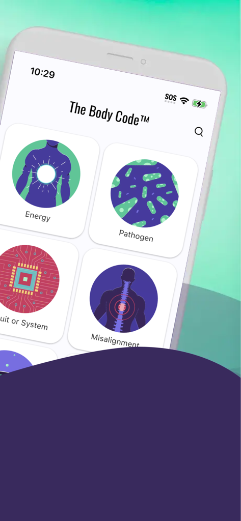 The Body Code System app interface showing categories for energy, pathogen, circuit or system, and misalignment.
