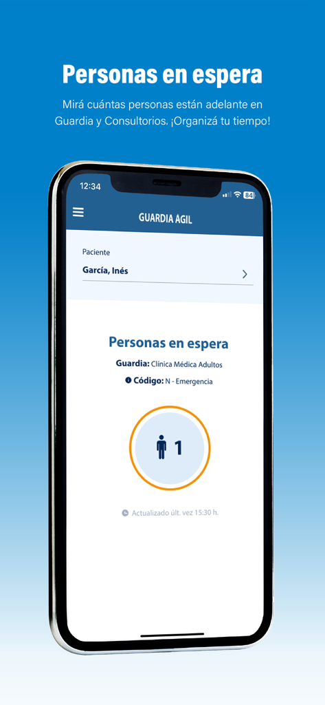 Sanatorio Mater Dei - Pantalla de la aplicación del Sanatorio Mater Dei que muestra los tiempos de espera en urgencias en tiempo real y el estado de la cola de pacientes