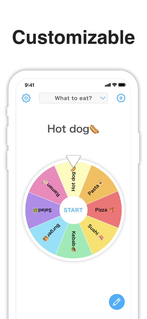 Interface of the Wheel Plus app showing a customizable decision wheel with food options like ramen sushi and pizza