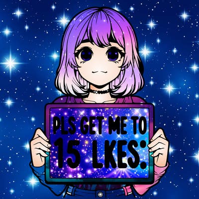realistic girl holding up a sign that says “pls get me to 15 likes!”