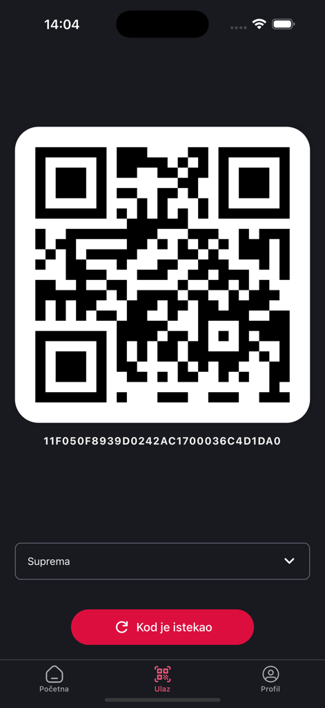 Schermata dell'app mobile BeneFit+ che visualizza un codice QR per l'accesso digitale in palestra.