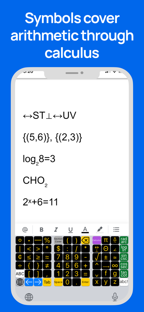ArithmeType mobile app interface showing a specialized math keyboard with symbols for arithmetic through calculus