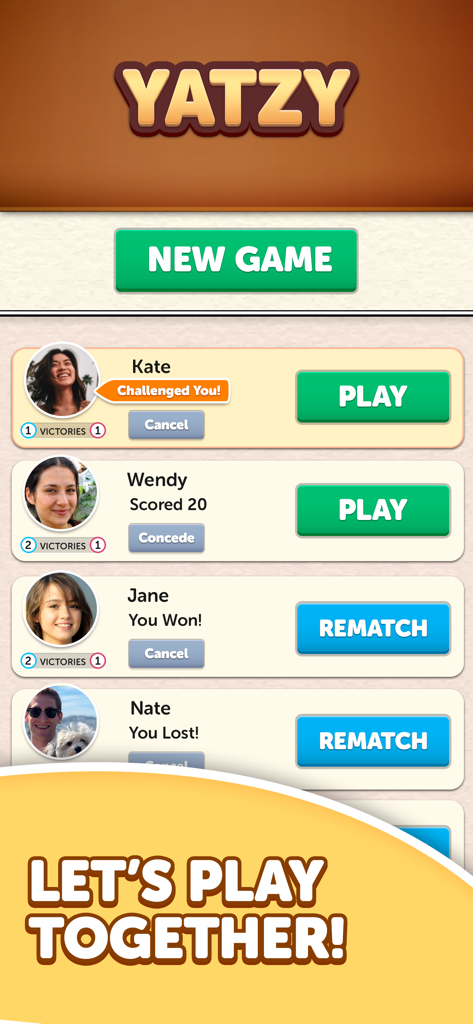 Word Yatzy app interface showing a list of active matches with friends and a button to start a new game.