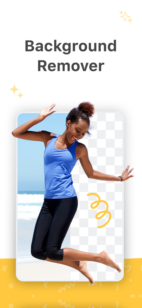 Background remover : remove.bg - App-Screenshot, der eine Frau beim Springen zeigt, mit teilweise entferntem Hintergrund, der durch ein Transparenzraster ersetzt wurde