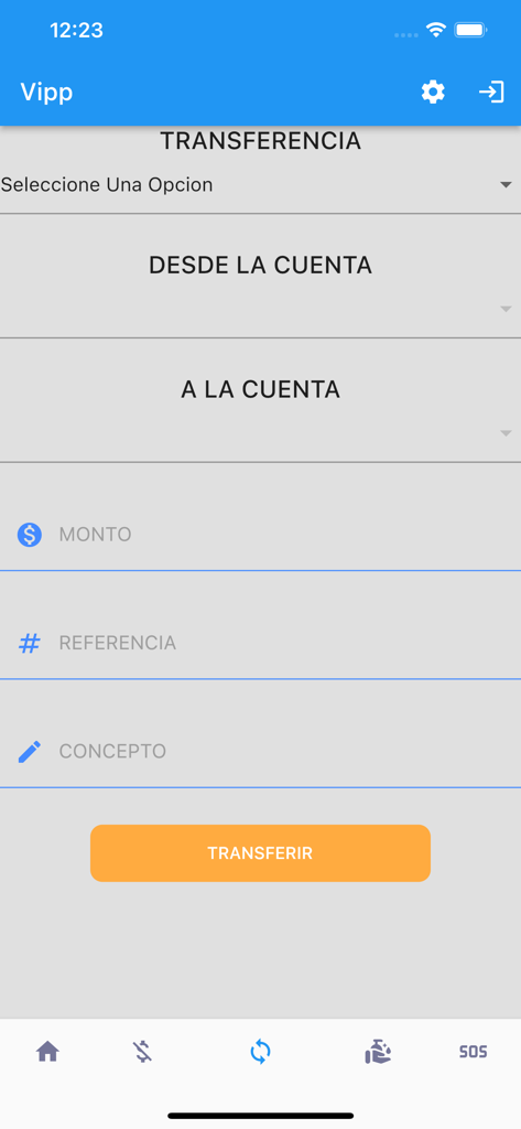 Vipp App - Interfaz móvil de Vipp App que muestra el formulario de transferencia de fondos con campos para seleccionar la cuenta y el monto