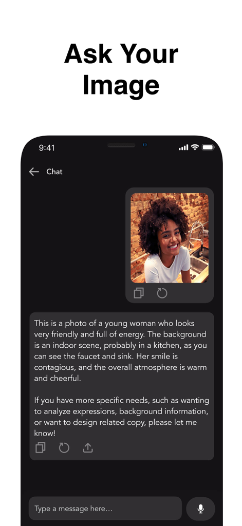 G.AI 4.1 —AI Chatbot Assistant - Interface de chatbot de IA mostrando o recurso Pergunte à sua Imagem, onde o assistente analisa e descreve uma foto enviada.