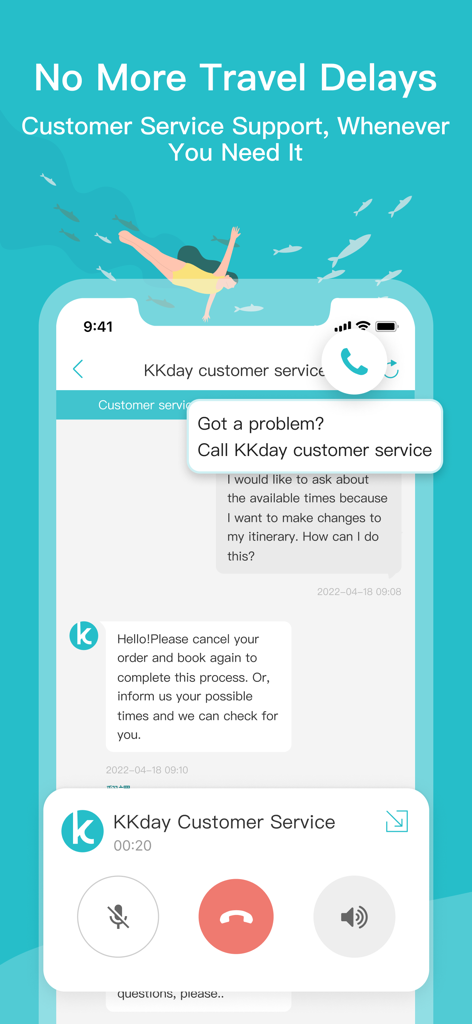 KKday app screenshot displaying customer service chat and call options for travelers